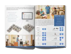 Illustration of Bedford Medical Alert’s nurse call system with real-time location tracking, wearable pendants, emergency alarms, and wireless monitoring devices in a senior care facility