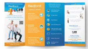 Front cover of Bedford Medical Alert brochure showing senior safety devices for home and mobile use in Canada