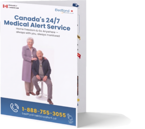 Front cover of Bedford Medical Alert brochure showing senior safety devices for home and mobile use in Canada