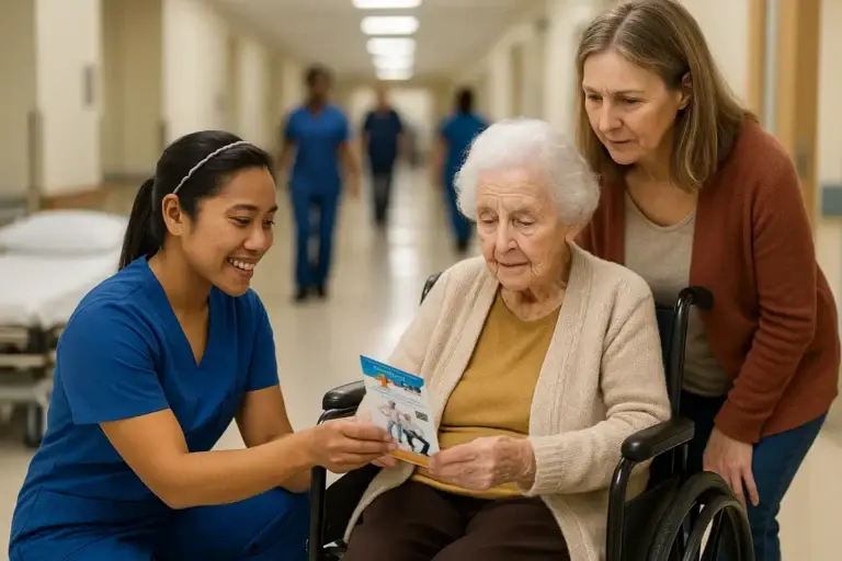 Filipino healthcare worker showing medical alert brochure to senior patient in wheelchair, with daughter beside her in hospital corridor.