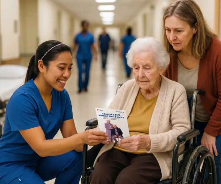 Filipino healthcare worker showing medical alert brochure to senior patient in wheelchair, with daughter beside her in hospital corridor.