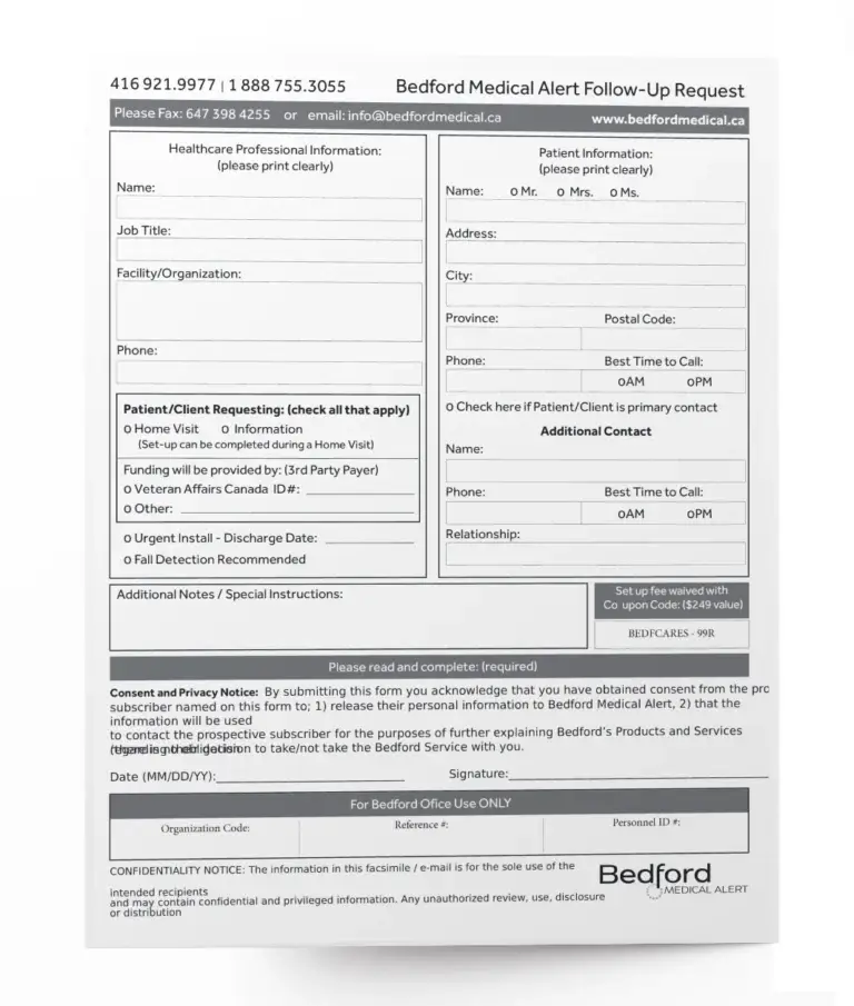Bedford Medical Alert healthcare professional referral form for clinicians, nurses, and PSWs to register patients for Canada-wide medical alert watches, GPS devices, and fall detection services.