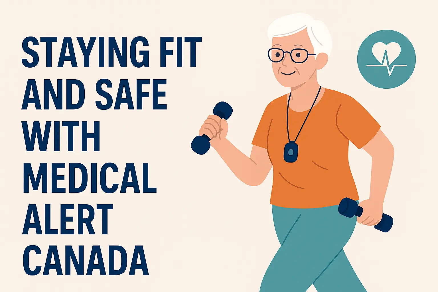 Illustration of an older adult staying fit in Canada, supported by a medical alert device for safe aging in place.