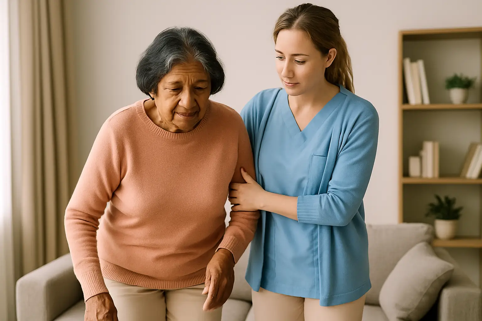Caregiver helping a senior man up after a fall in a home setting - lift assist support and safety tips in Canada.