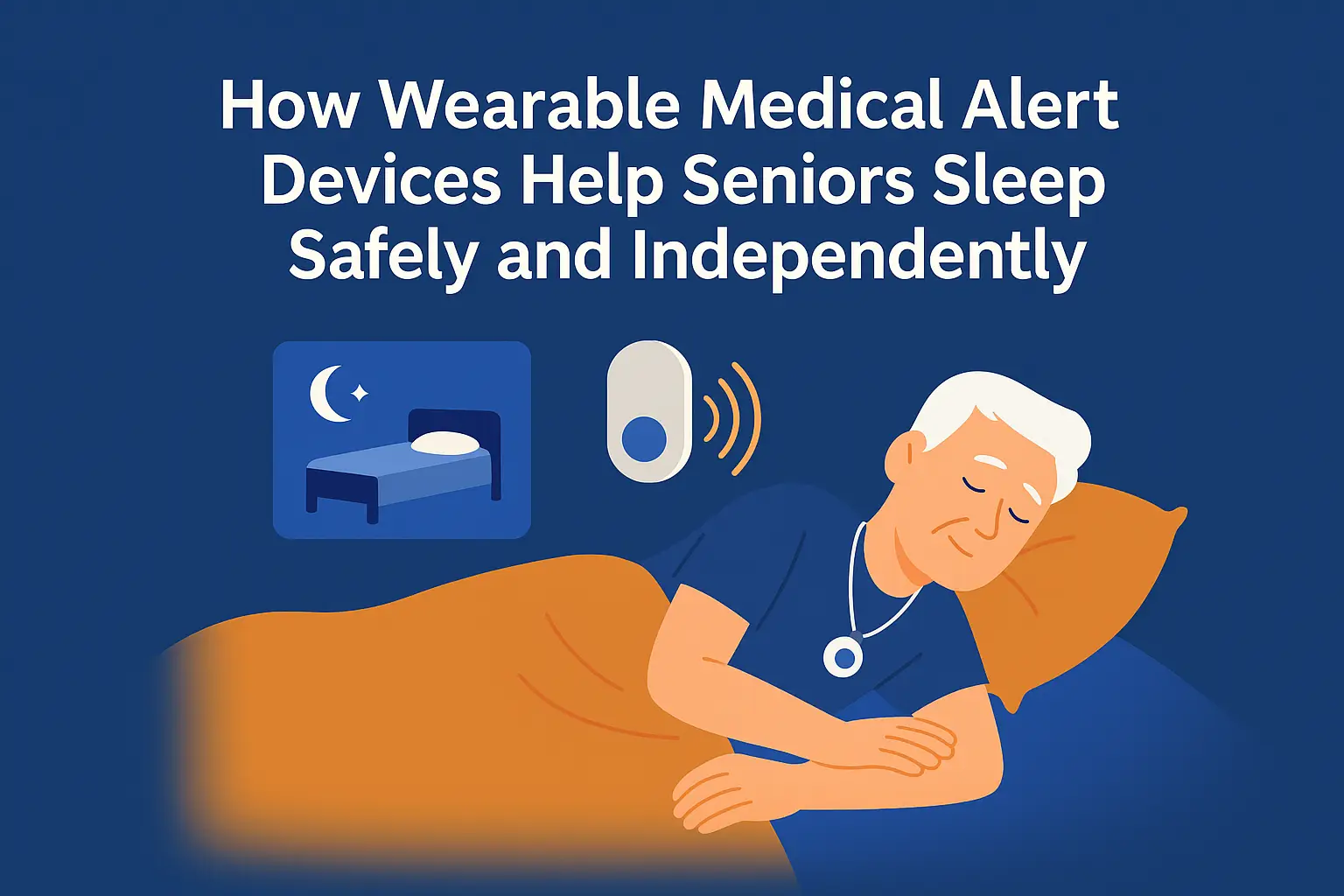 Senior man sleeping with a medical alert pendant, highlighting nighttime safety with Bedford’s wearable fall detection device.