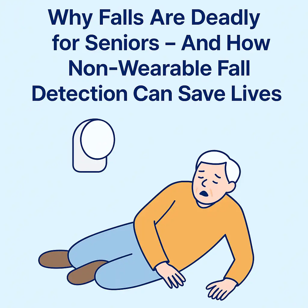 Elderly man on the floor with a non-wearable fall detection device above him. Text reads: Why Falls Are Deadly for Seniors – And How Non-Wearable Fall Detection Can Save Lives.