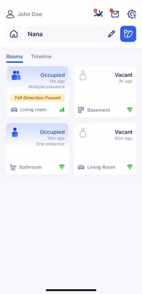 App screen showing radar fall detection paused due to multiple presence detected in the living room, part of Bedford Medical Alert’s radar fall detection system.