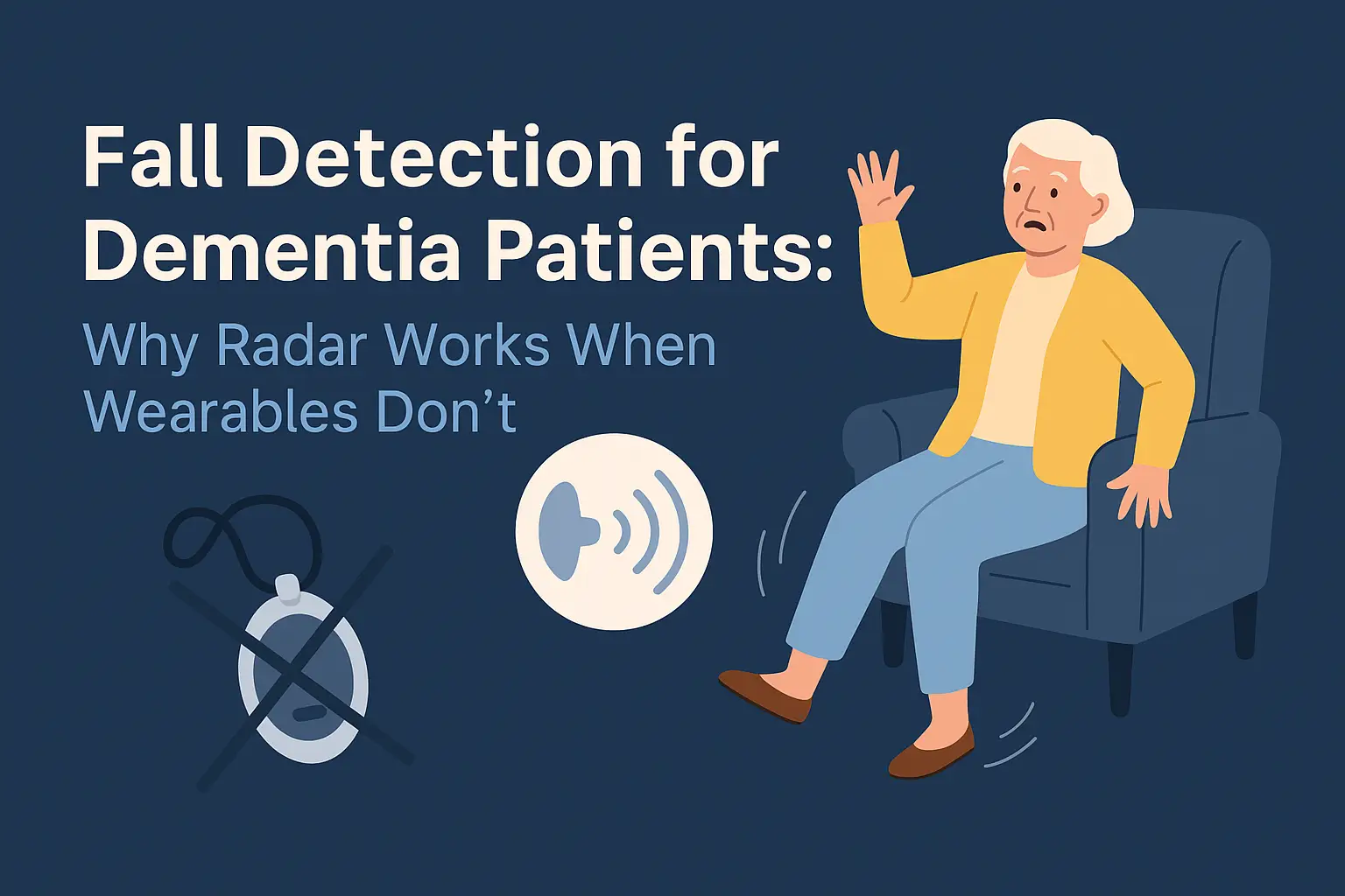 Illustration of a radar fall detection device monitoring a dementia patient in a memory care setting.