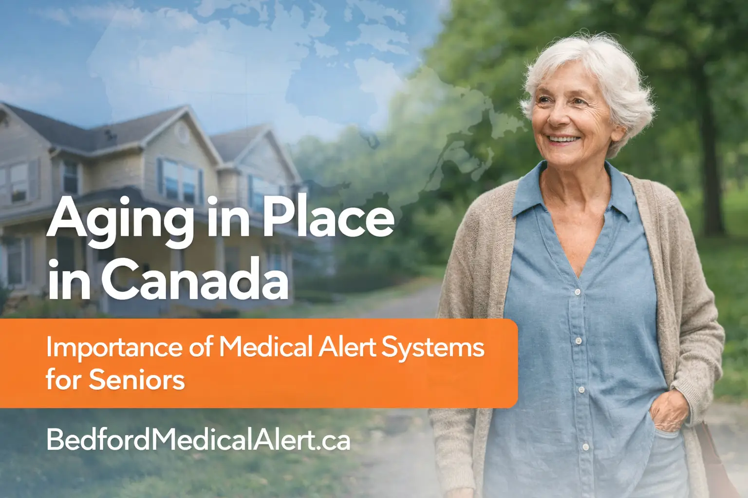 Smiling senior woman walking outdoors in a Canadian neighborhood, representing safe aging in place with support from Bedford Medical Alert.