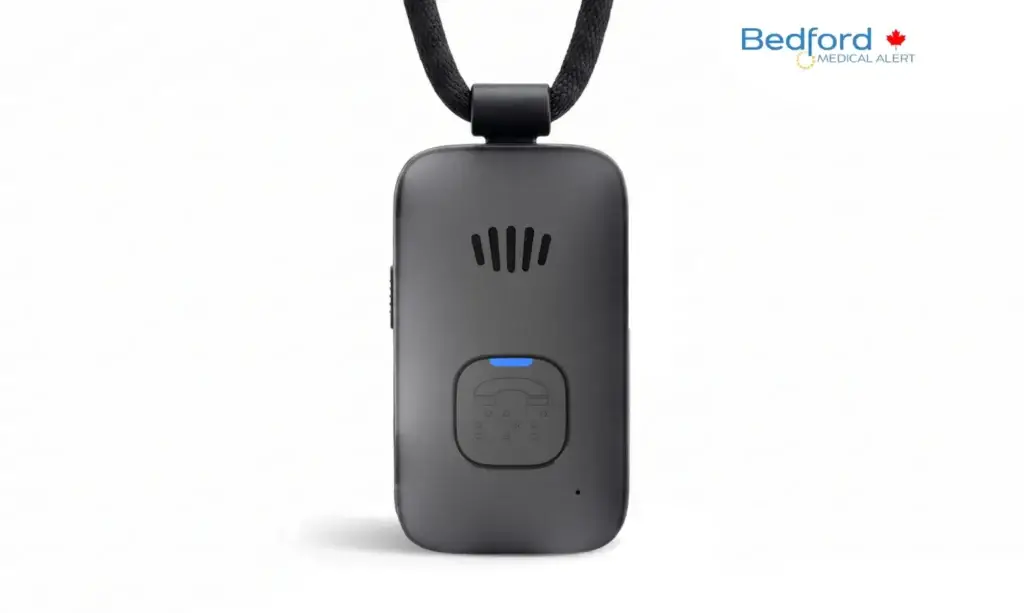 Go Anywhere medical alert pendant with emergency help button and two-way communication for seniors, no GPS tracking, by Bedford Medical Alert.