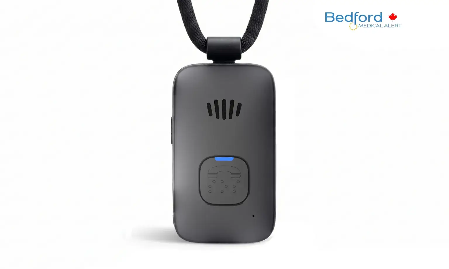 Go Anywhere medical alert pendant with emergency help button and two-way communication for seniors, no GPS tracking, by Bedford Medical Alert.