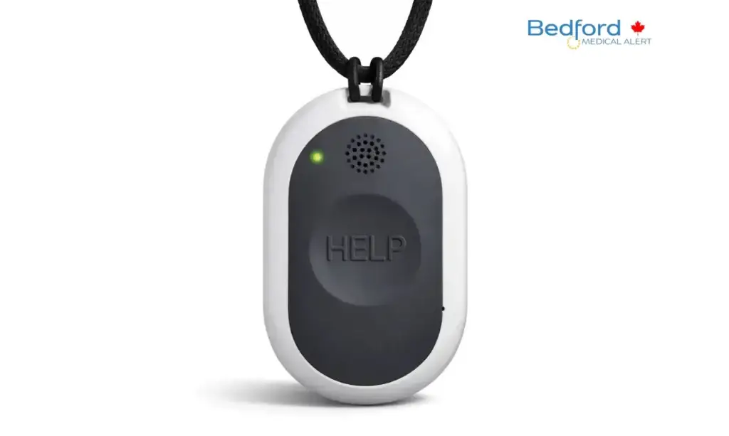 Go Anywhere medical alert pendant with emergency help button, on-demand location tracking, and mobile app for seniors by Bedford Medical Alert.