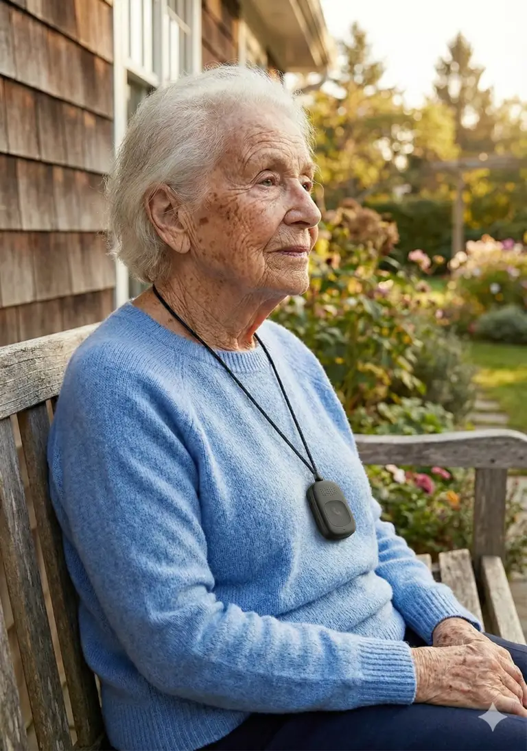 Bedford Go Anywhere medical alert necklace worn by a senior, featuring GPS tracking, fall detection, and emergency help button for safety anywhere in Canada