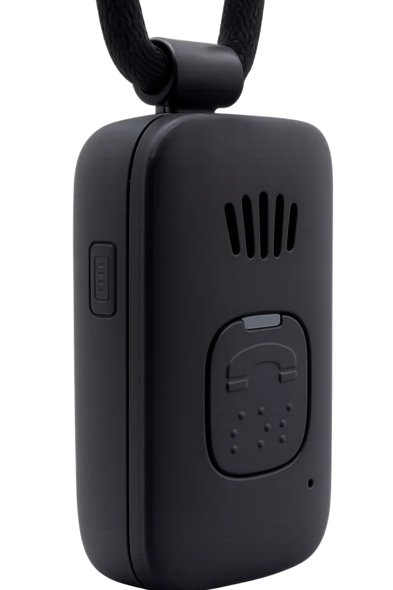 Close-up of Bedford Go Anywhere GPS medical alert pendant with emergency help button and fall detection for seniors in Canada