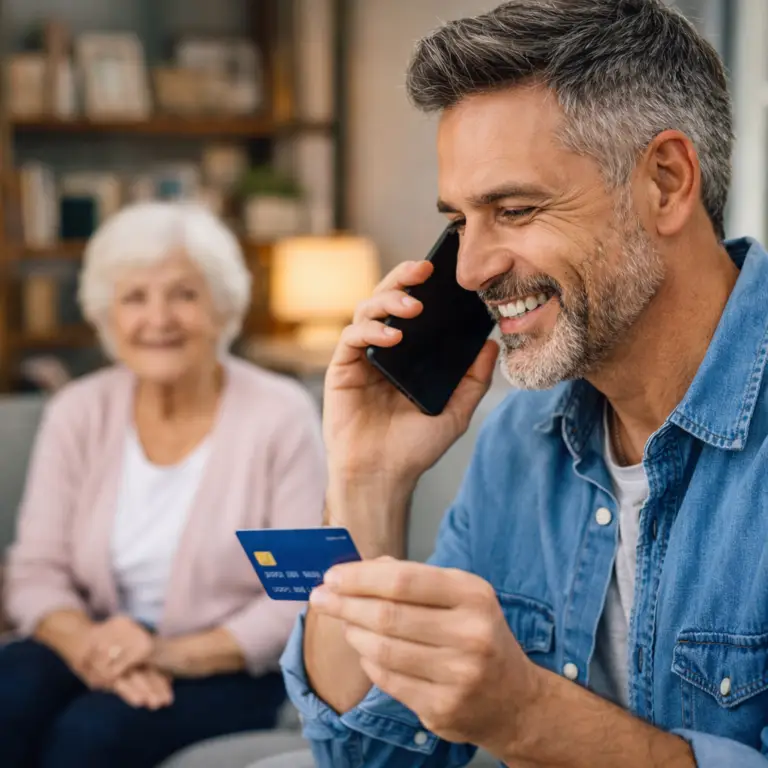 Family member making a phone call and holding a credit card while elderly woman sits comfortably in the background