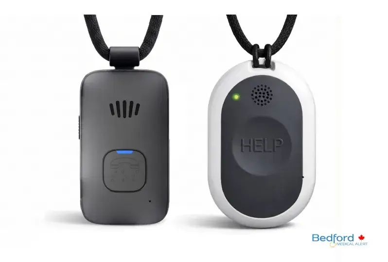 Go Anywhere GPS medical alert pendants showing standard and tracking models by Bedford Medical Alert