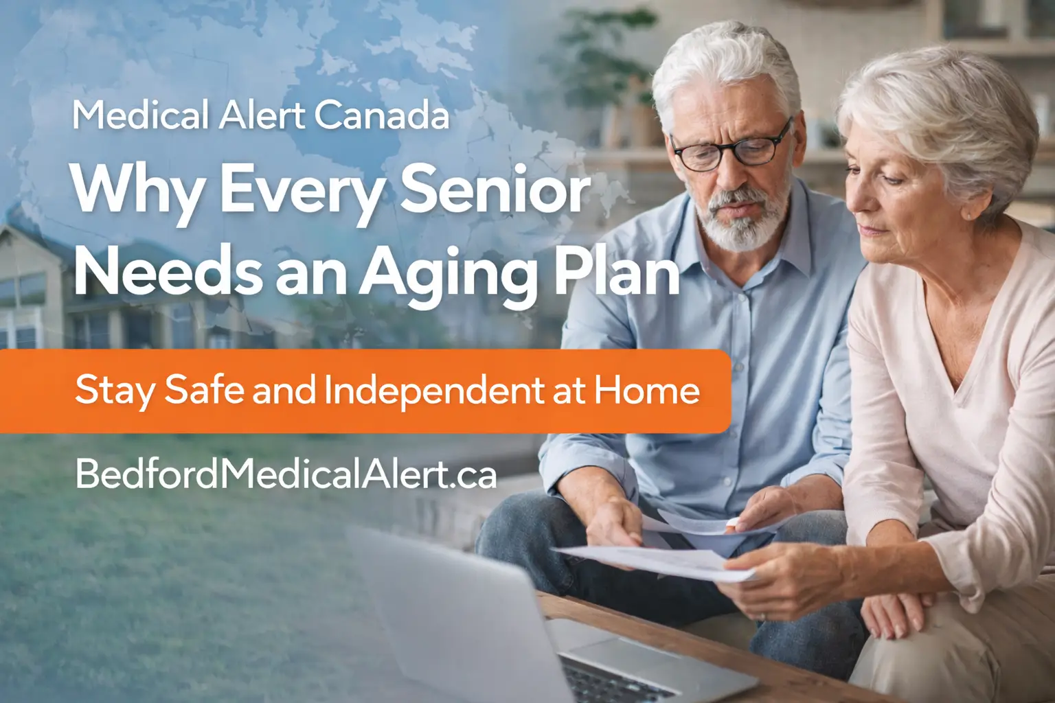 Older Canadian man filling out an aging plan at home, representing safe and independent senior living supported by Bedford Medical Alert.