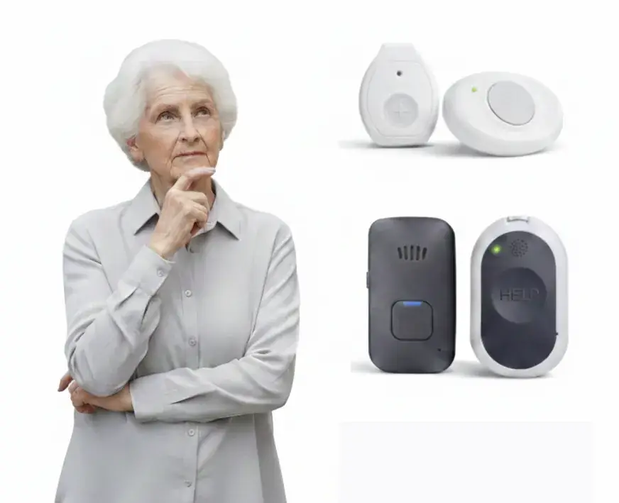 Senior woman comparing different medical alert devices on a white background