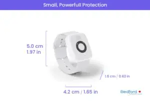Compact medical alert watch showing size dimensions for a lightweight senior safety device in Canada