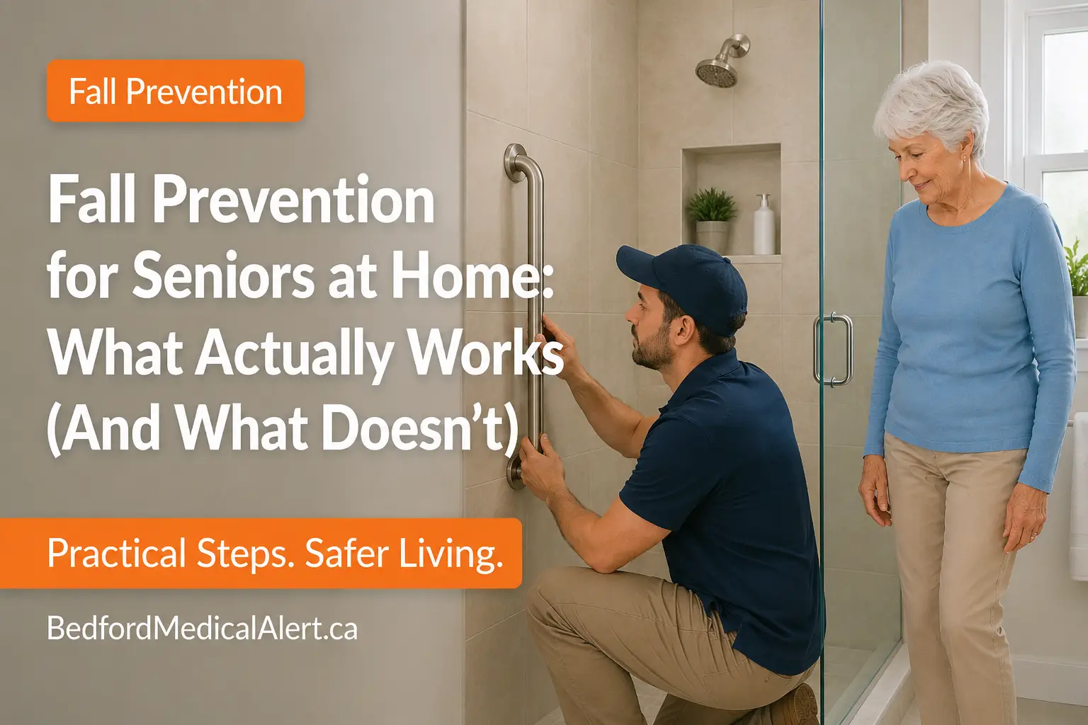 Senior woman watching an installer add a grab bar in her shower for fall prevention at home.