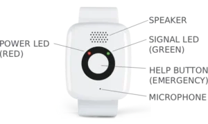 Go Anywhere fall detection watch for seniors — help button, speaker, microphone, and LED indicators