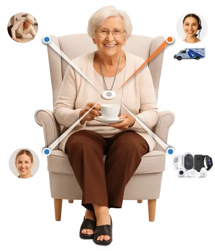 Senior woman wearing a medical alert Canada device with GPS and fall detection, ideal for 24/7 safety and peace of mind