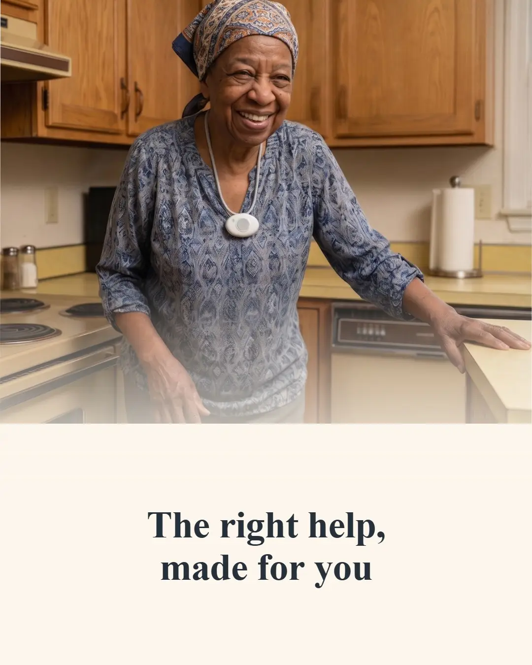 Smiling senior woman wearing a Bedford Medical Alert help button in her kitchen