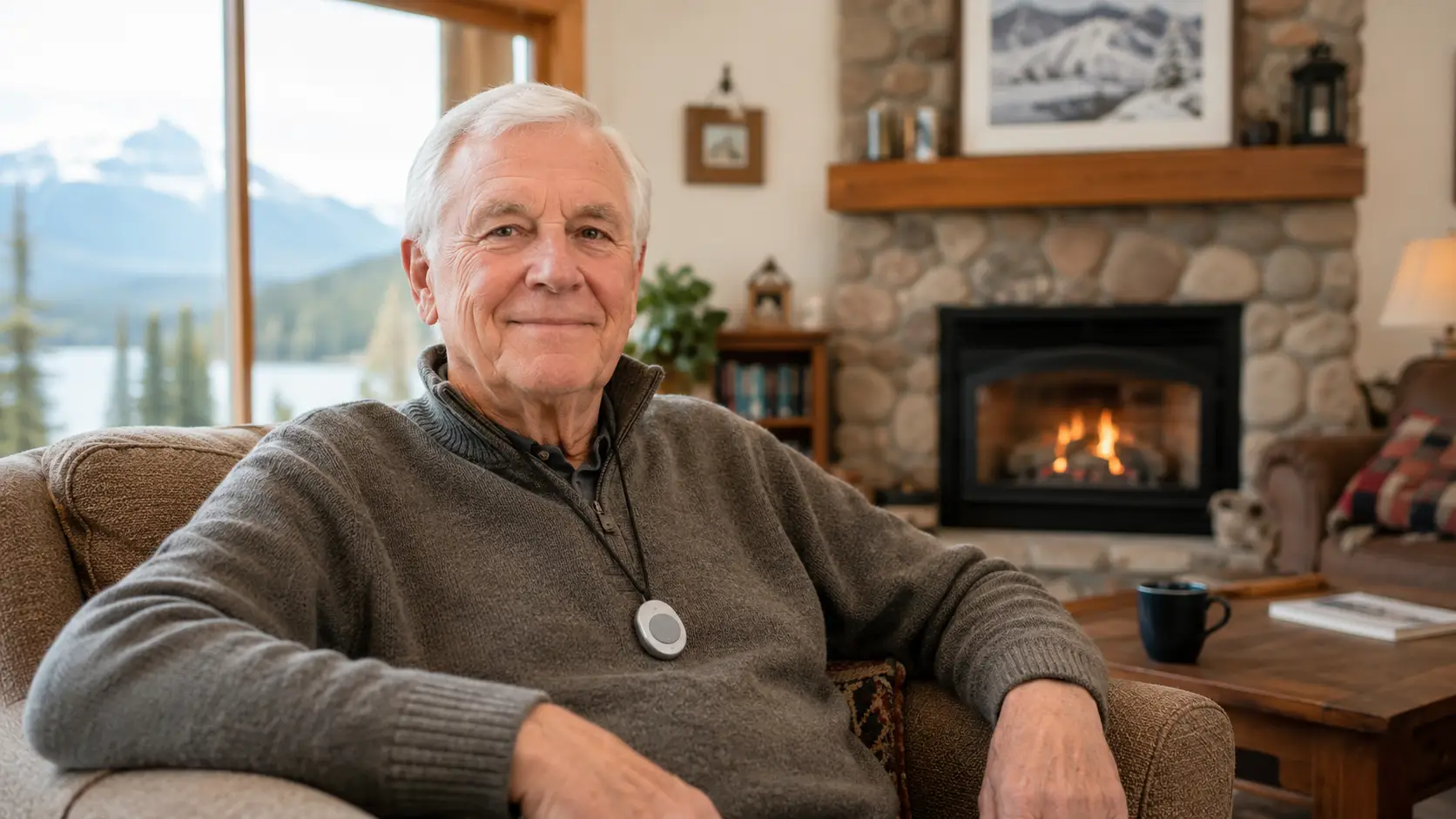 Canadian senior at home wearing a Bedford Medical Alert pendant, a local alternative to Life Alert.