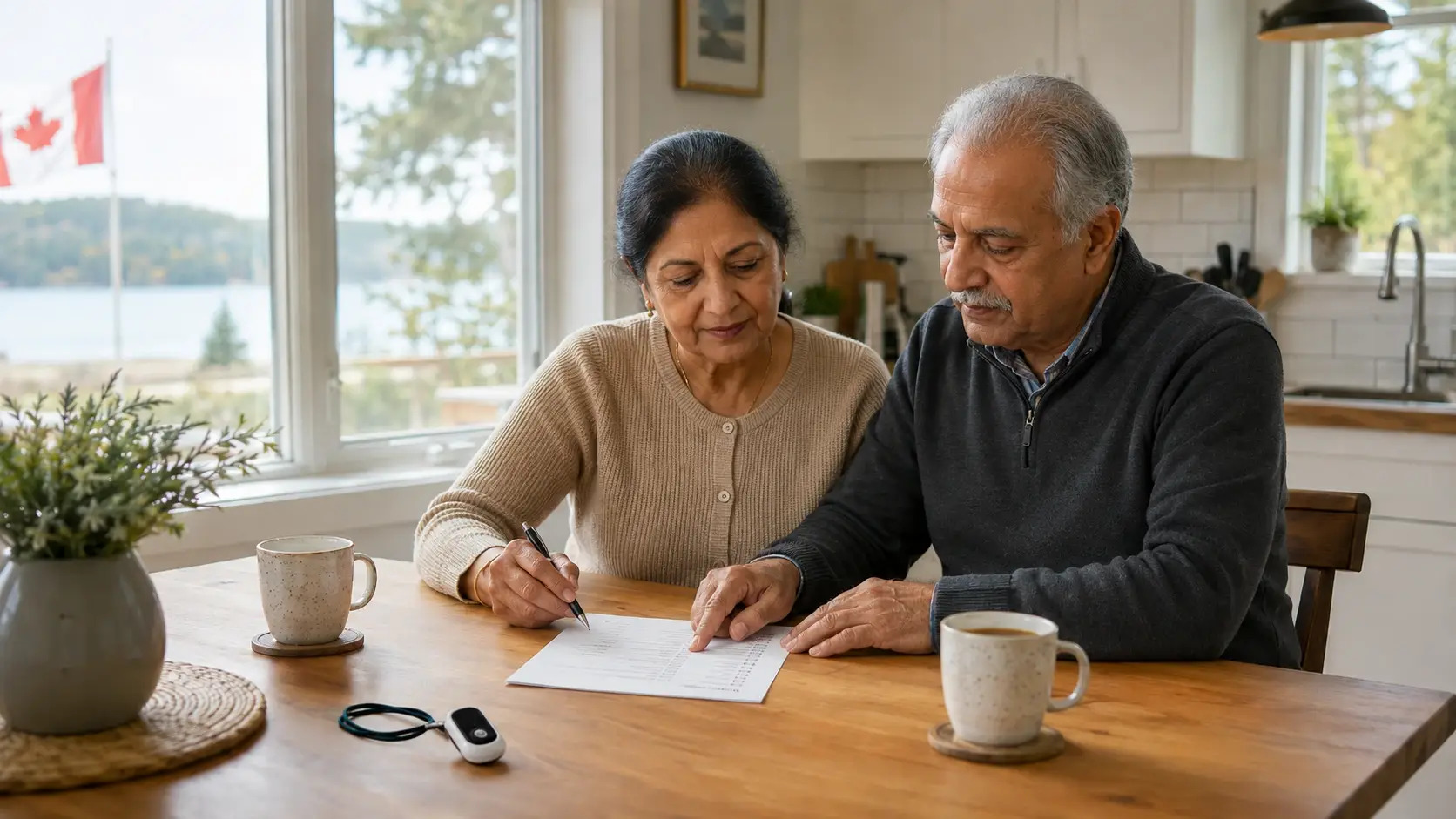 Canadian senior couple reviewing medical alert system costs and coverage at home