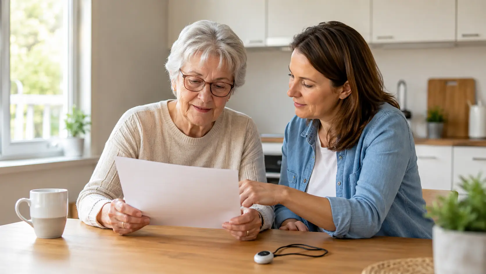 Canadian senior reviewing a no-contract medical alert system agreement at home with family