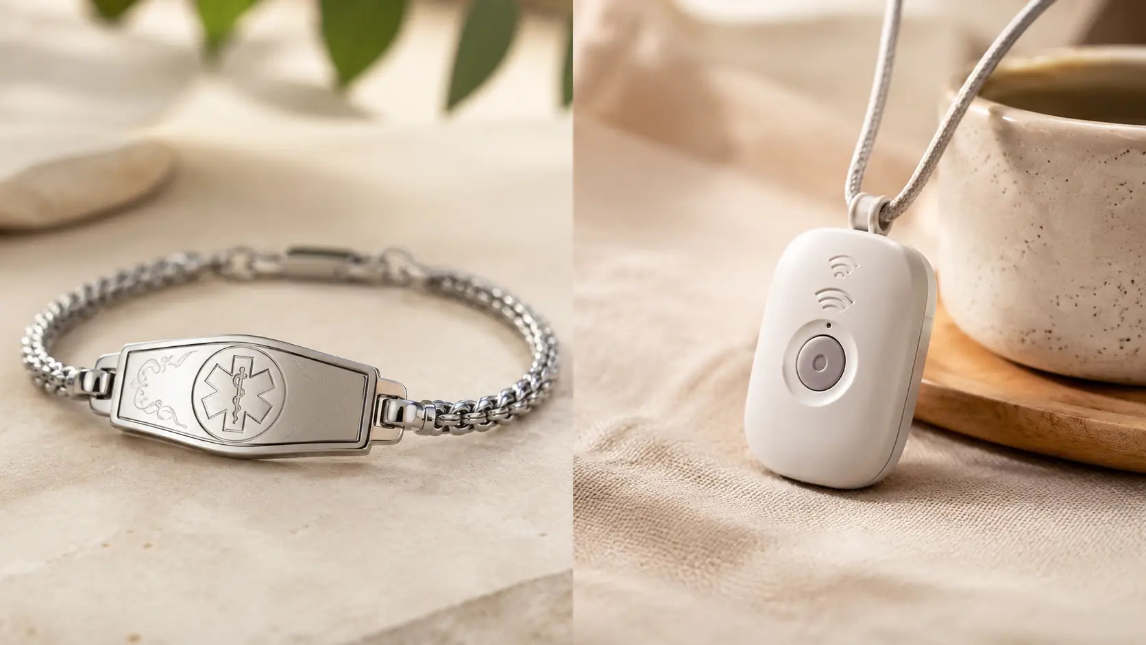 Medical ID bracelet next to a monitored medical alert pendant showing the difference for Canadian seniors