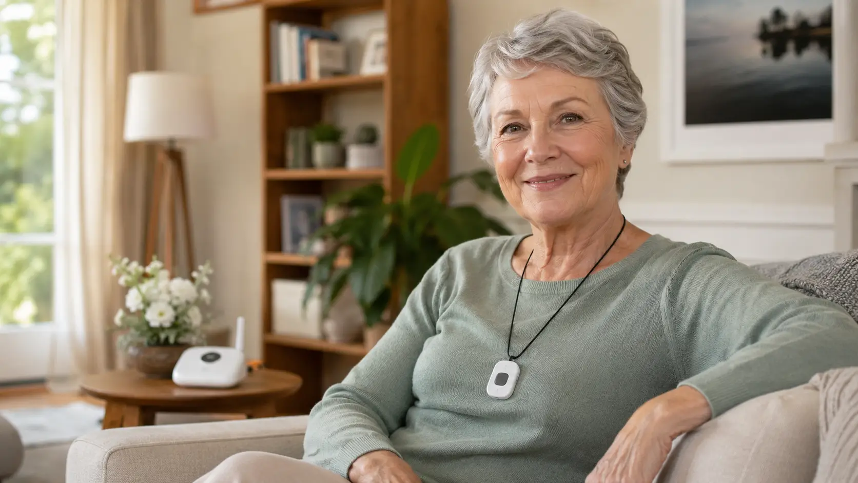 Canadian senior at home wearing a personal emergency response system help-button pendant