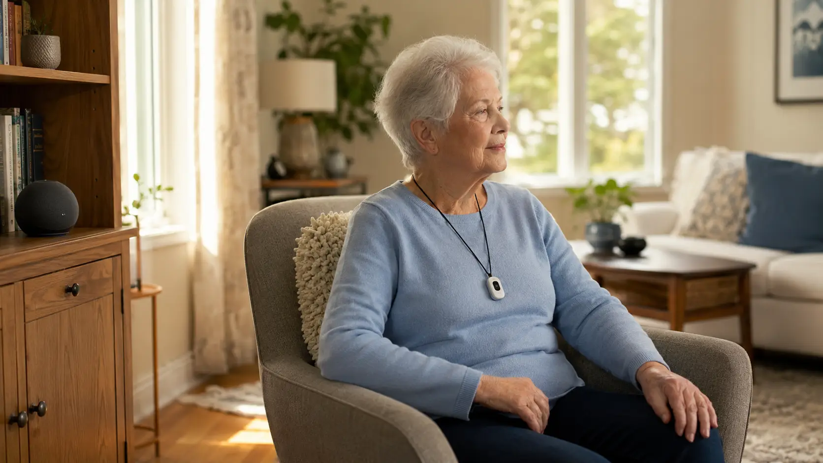 Smart speaker on a shelf and a senior wearing a medical alert pendant in a Canadian living room