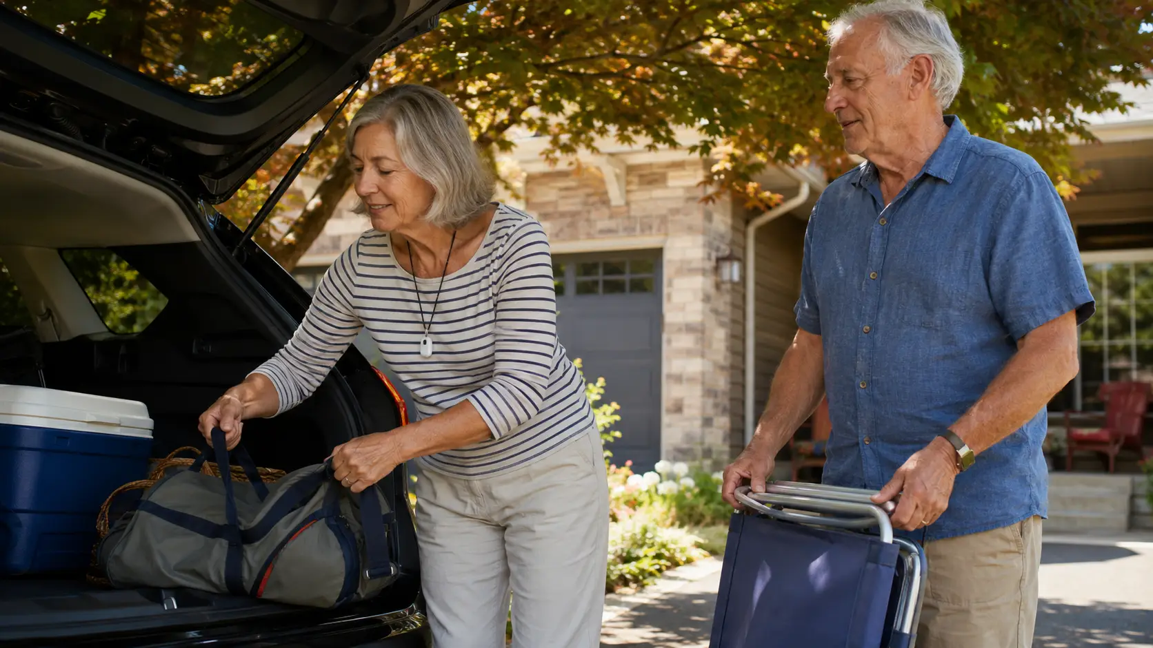 Canadian senior couple packing the car for a road trip wearing a mobile medical alert