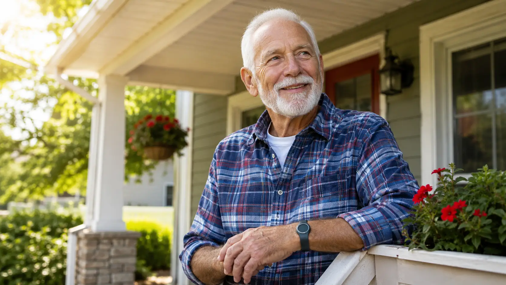 Canadian senior wearing a medical alert watch on the wrist while out for a walk