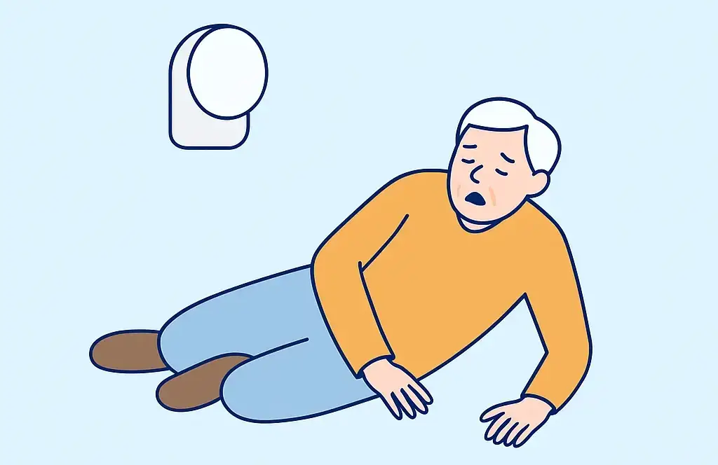 Illustration of a senior who has fallen at home, with a wall-mounted radar sensor detecting the fall