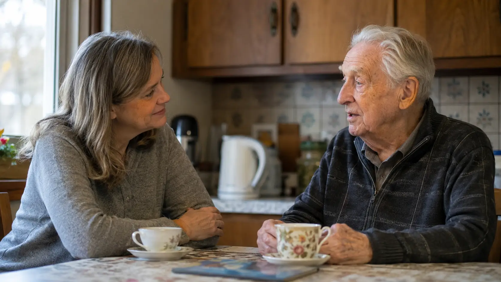 Adult daughter listening to her aging father over tea at his kitchen table in a Canadian home.