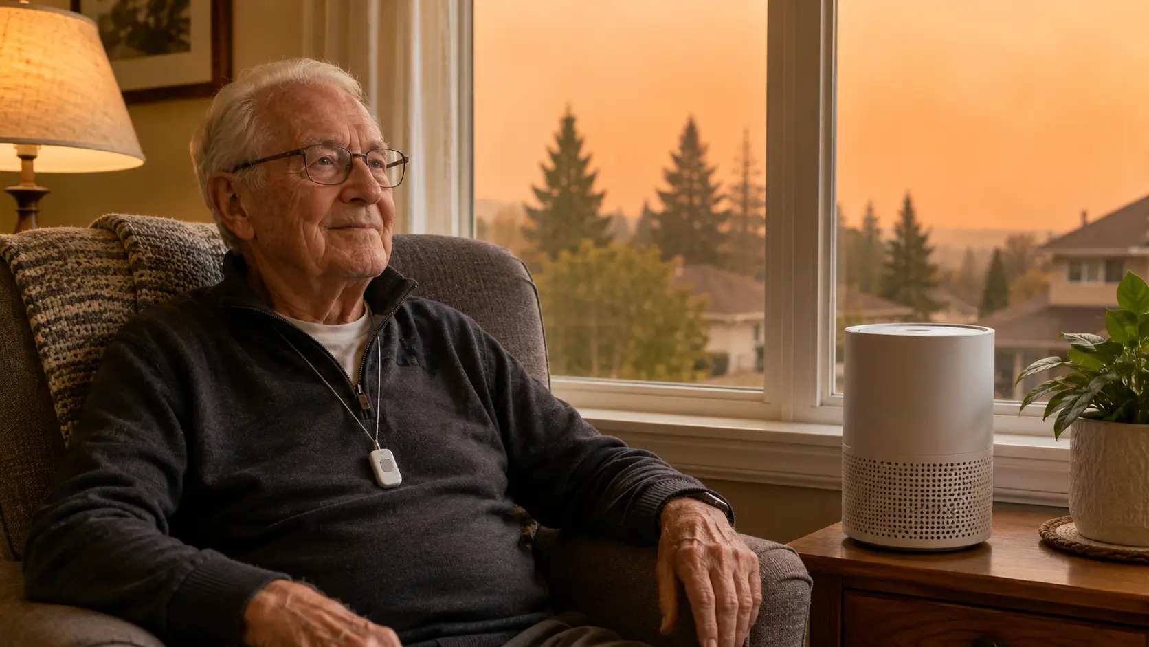 Canadian senior resting safely indoors while wildfire smoke haze fills the sky outside the window