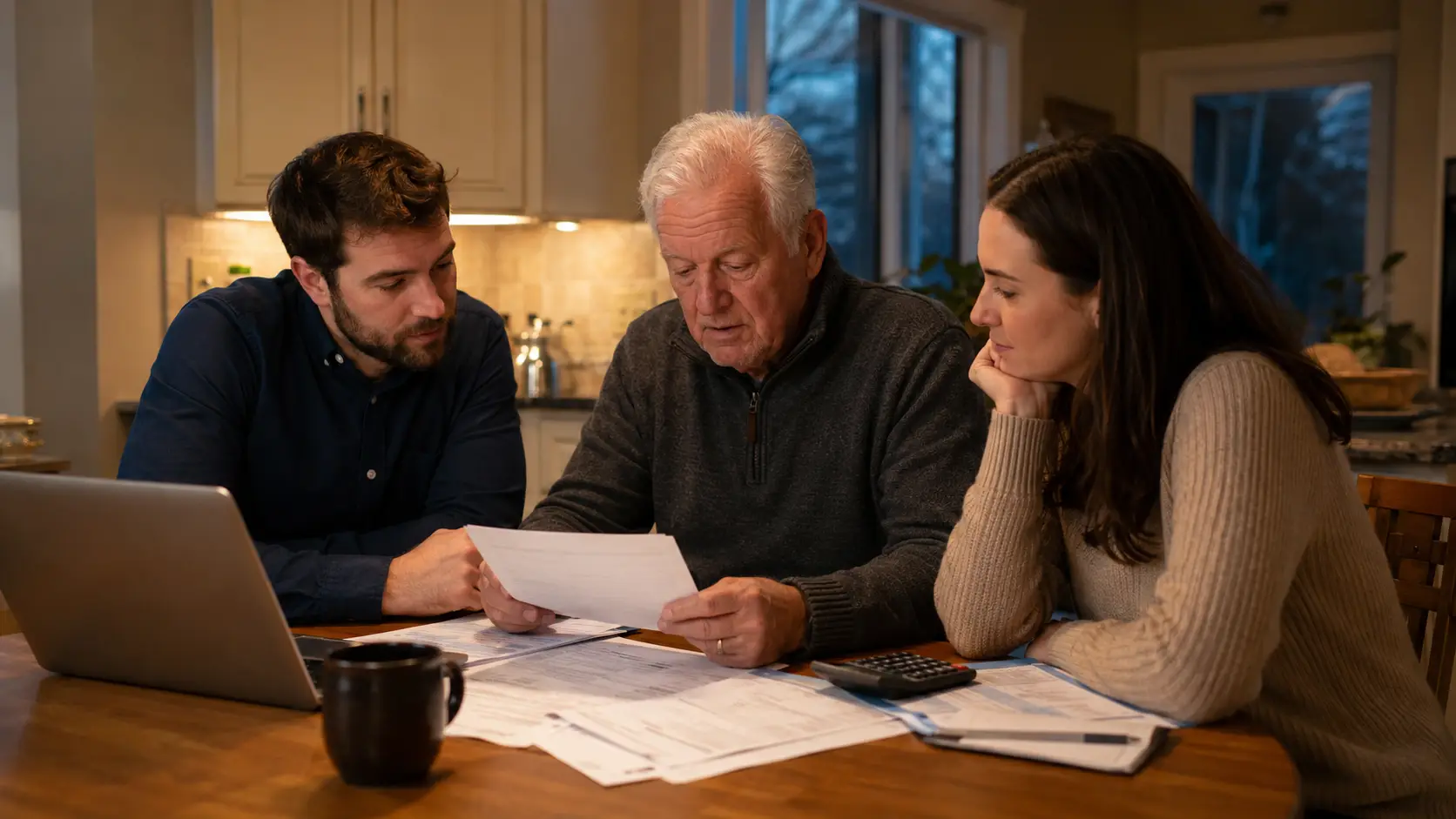 Adult children and their elderly parent reviewing care costs together at a kitchen table in Canada