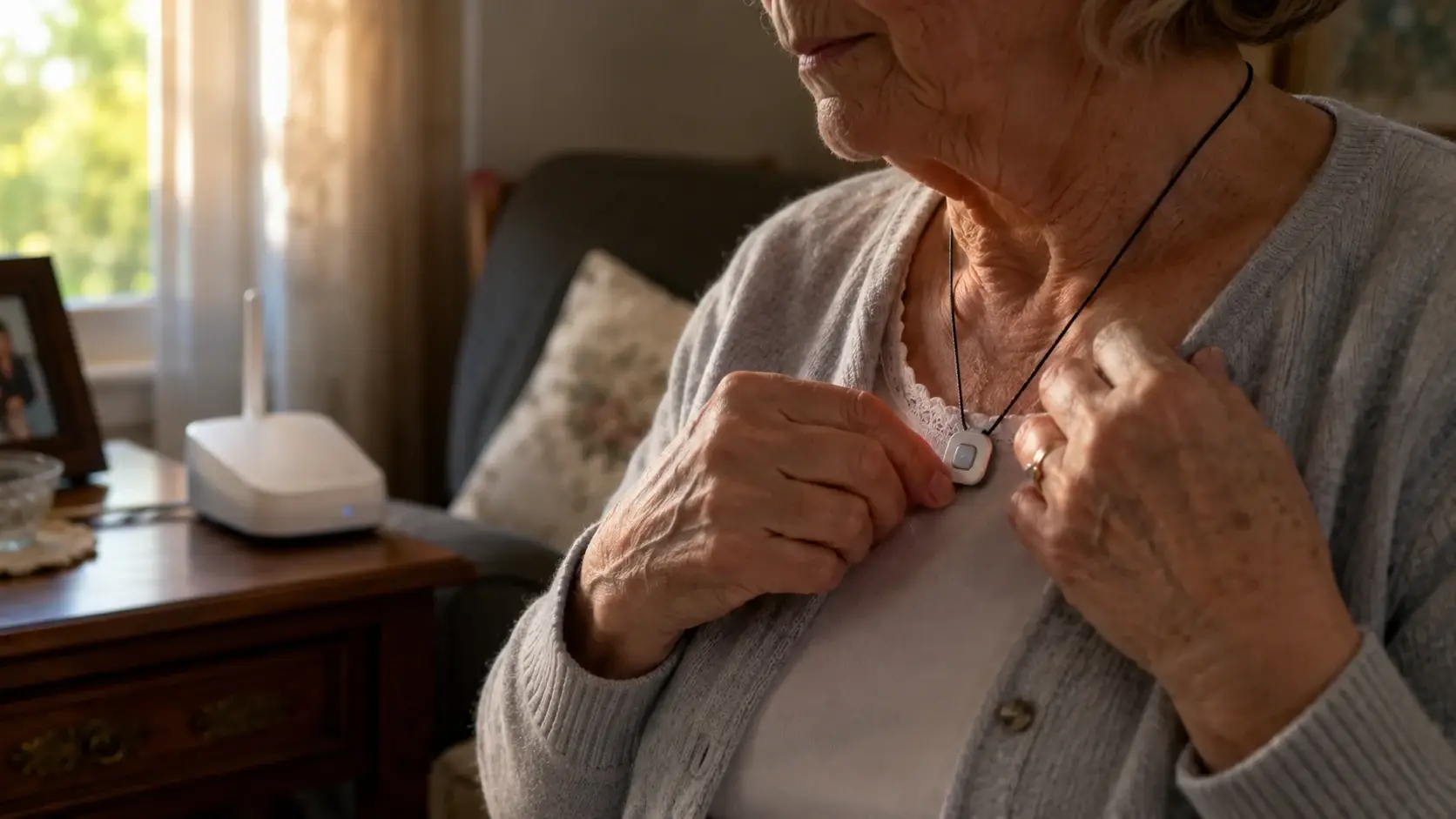 Senior woman adjusting a medical alert pendant necklace at home in Canada