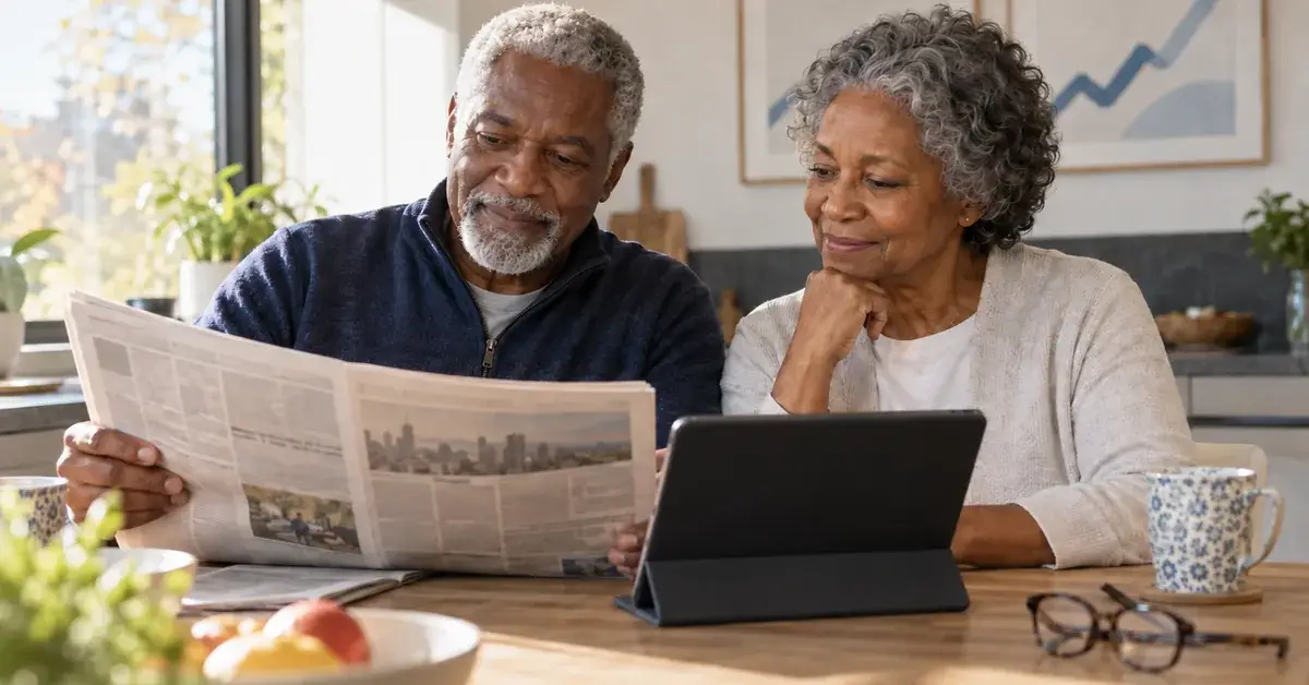 Senior couple at their kitchen table in Canada reading the newspaper and a tablet together.