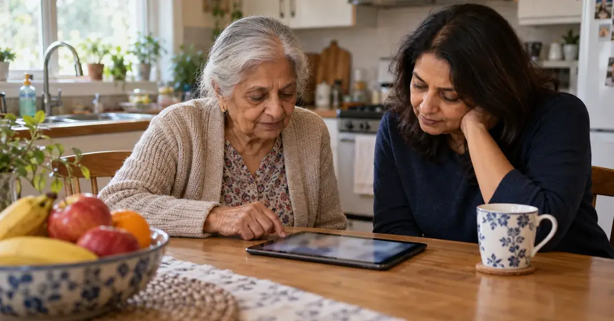 A South Asian-Canadian grandmother and her adult daughter looking at a tablet together at a kitchen table