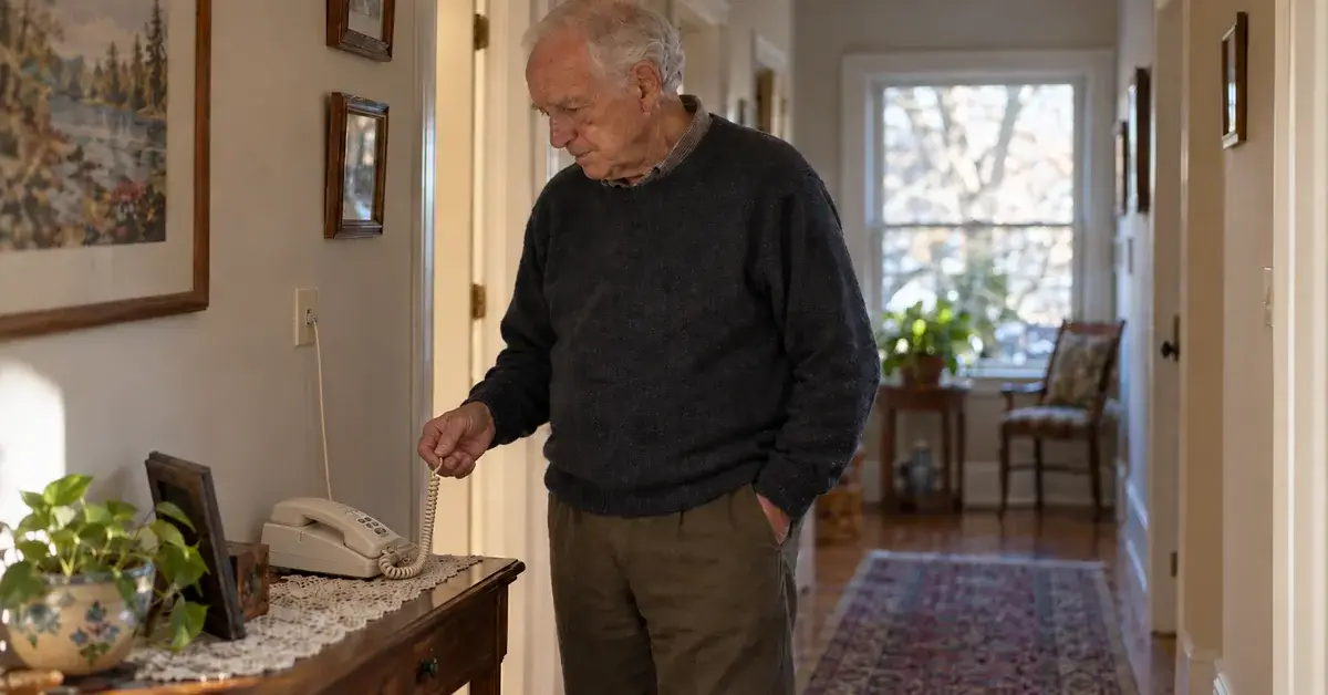 An older man in his home hallway holding the cord of a corded telephone on a side table