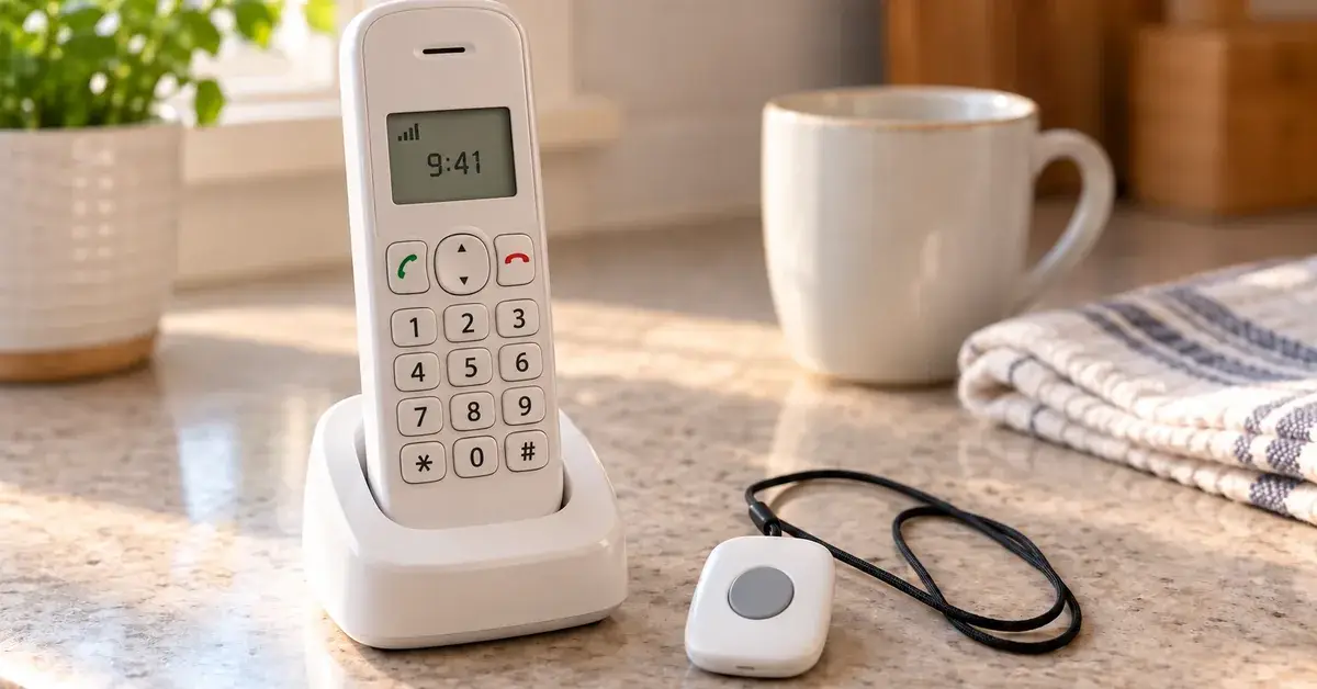 A white cordless home telephone with a numbered keypad in its base beside a small white medical alert pendant on a black lanyard, on a kitchen counter in morning light