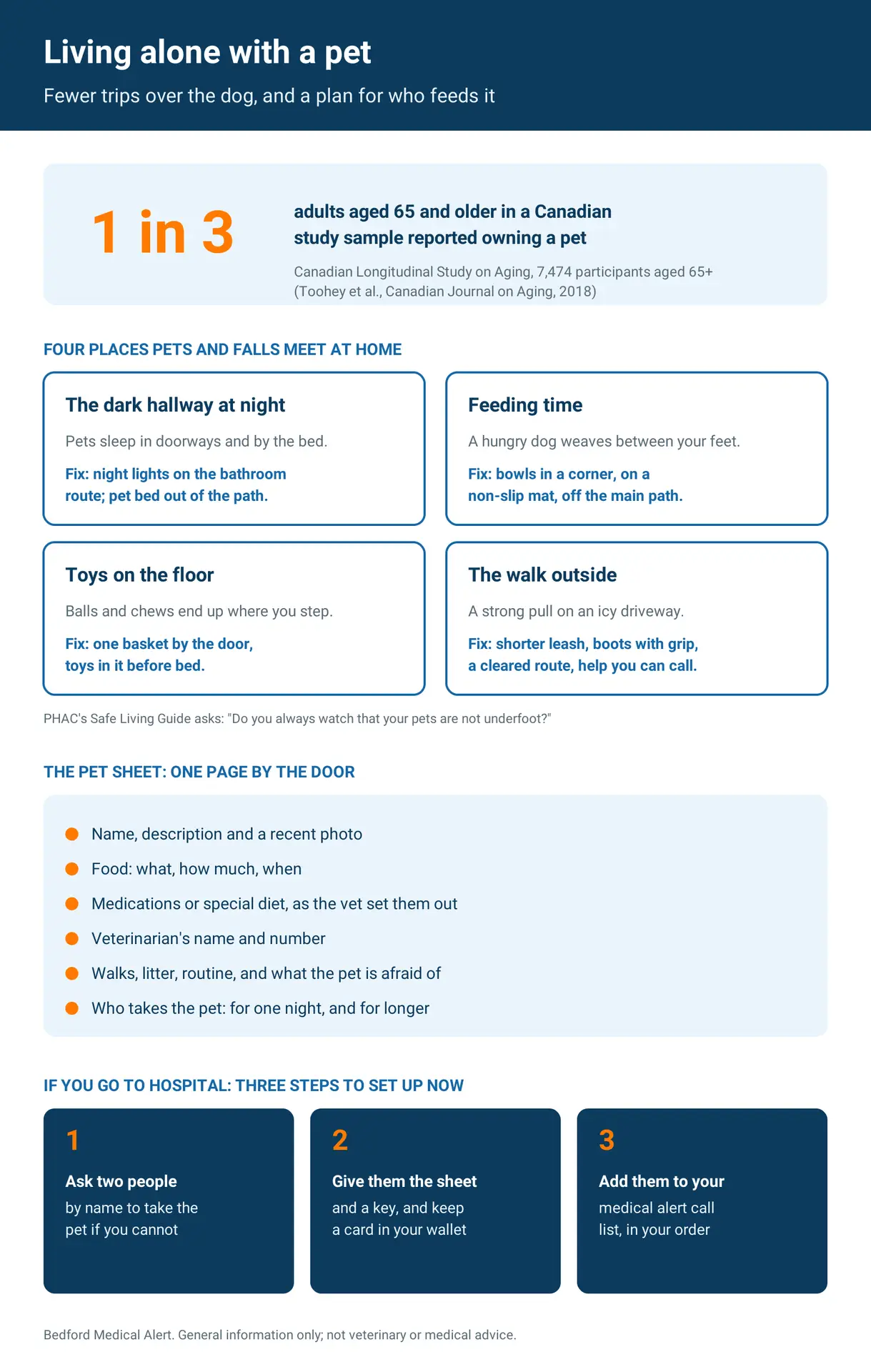 Infographic: one third of adults aged 65 and older in a 2018 Canadian Longitudinal Study on Aging sample owned a pet; four places pets and falls meet at home with a fix for each; what to put on a pet sheet; and three steps so your pet is cared for if you go to hospital.
