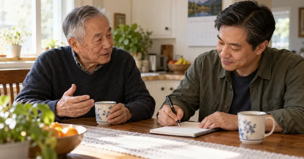 An older man and his adult son at the kitchen table writing down the details of a fall to bring to the family doctor