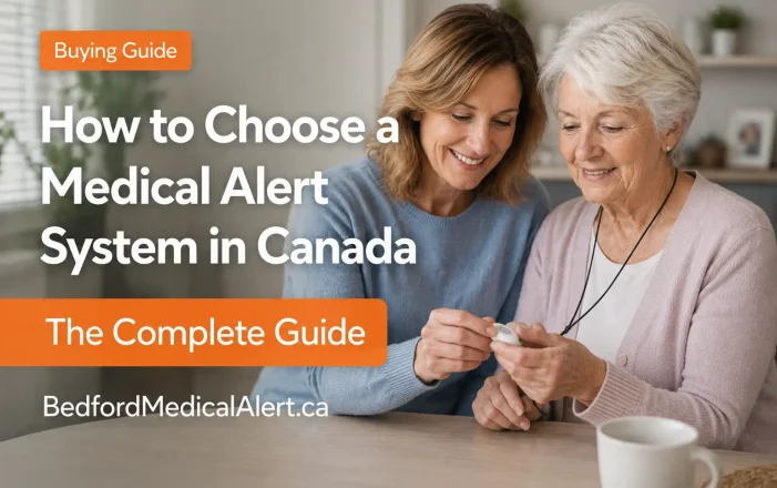 Adult daughter helping her senior mother choose a medical alert pendant at home in Canada.