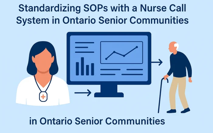 Illustration of a centralized nurse call dashboard monitoring fall alerts and SOP compliance across multiple senior communities in Ontario.