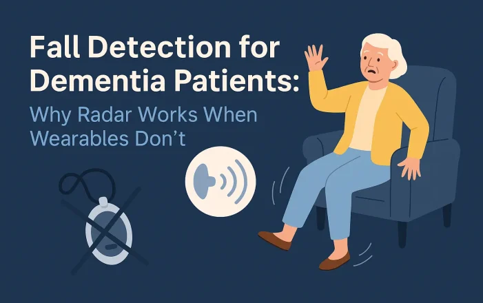 Illustration of a radar fall detection device monitoring a dementia patient in a memory care setting.