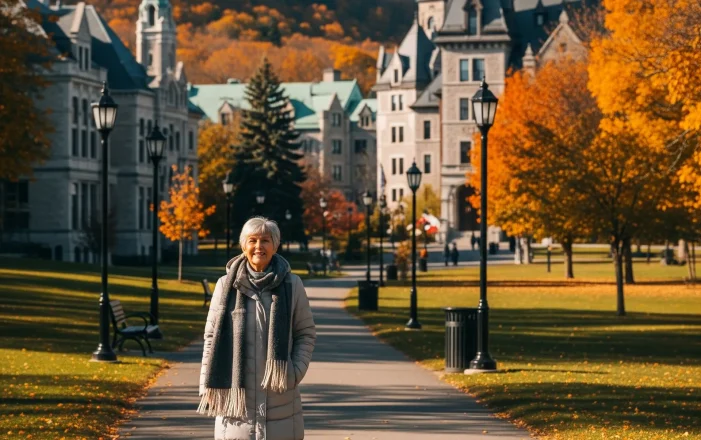 Elderly woman walking alone on a campus path in autumn, representing aging in place and senior independence in Canada.